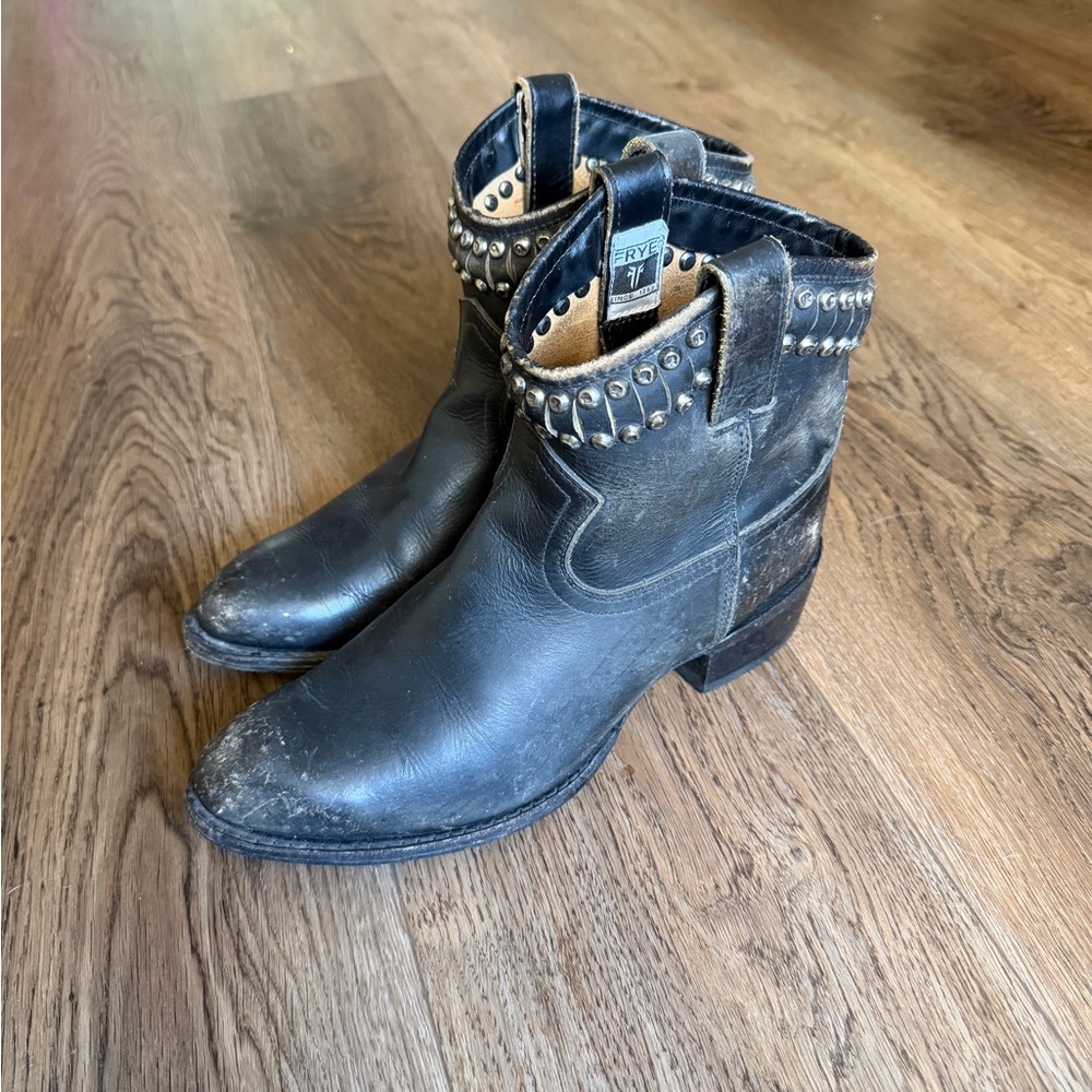 Frye Black Leather Studded Ankle Booties